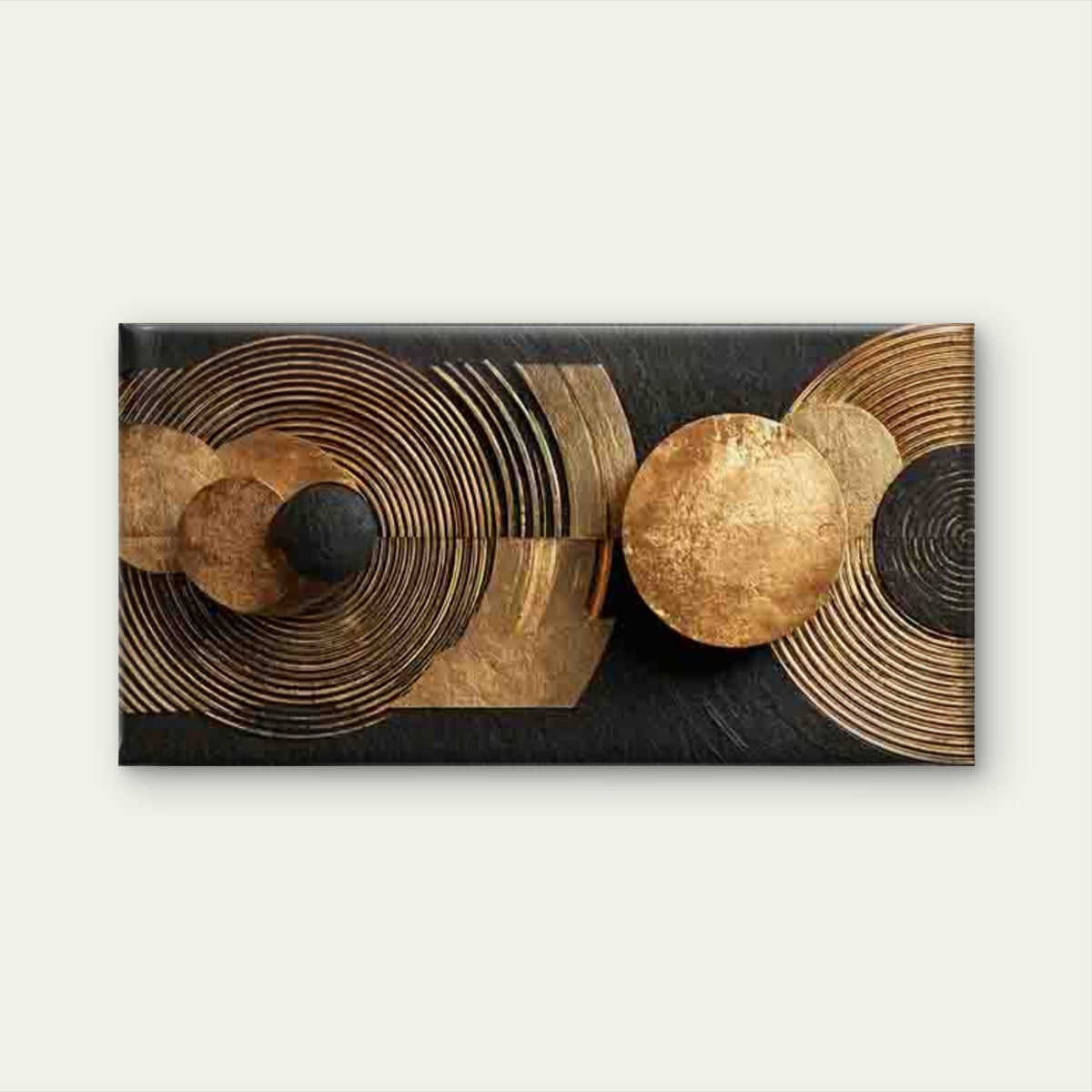 Golden Circles on a Black Wall Art Canvas Office Home Room Framed 120x60cm