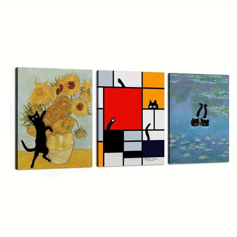 3pcs Featuring a Cat Painting Artistic Essence and Graceful Metal Print Ready to Hang Art