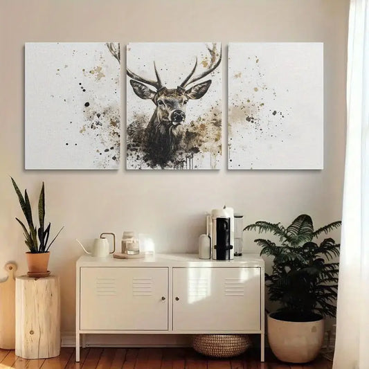 3pcs Elegant Watercolor Deer Illustration with Golden Ink Drip Splashes Metal Print Ready to Hang Art