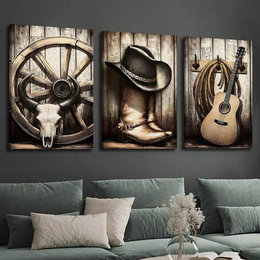 3pcs Vintage Cowboy Boots, Wheel, Guitar, and Hat Metal Print Ready to Hang Art
