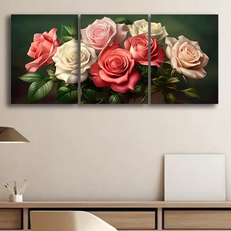 3pcs Vibrant Pink & White Roses Metal Print Ready to Hang Art
