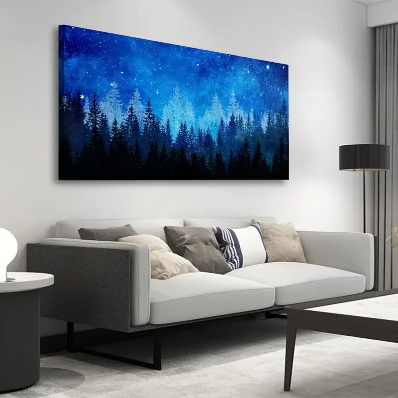 Abstract Blue Forest Night Starry Sky Wall Art canvas office home room framed 120x60cm