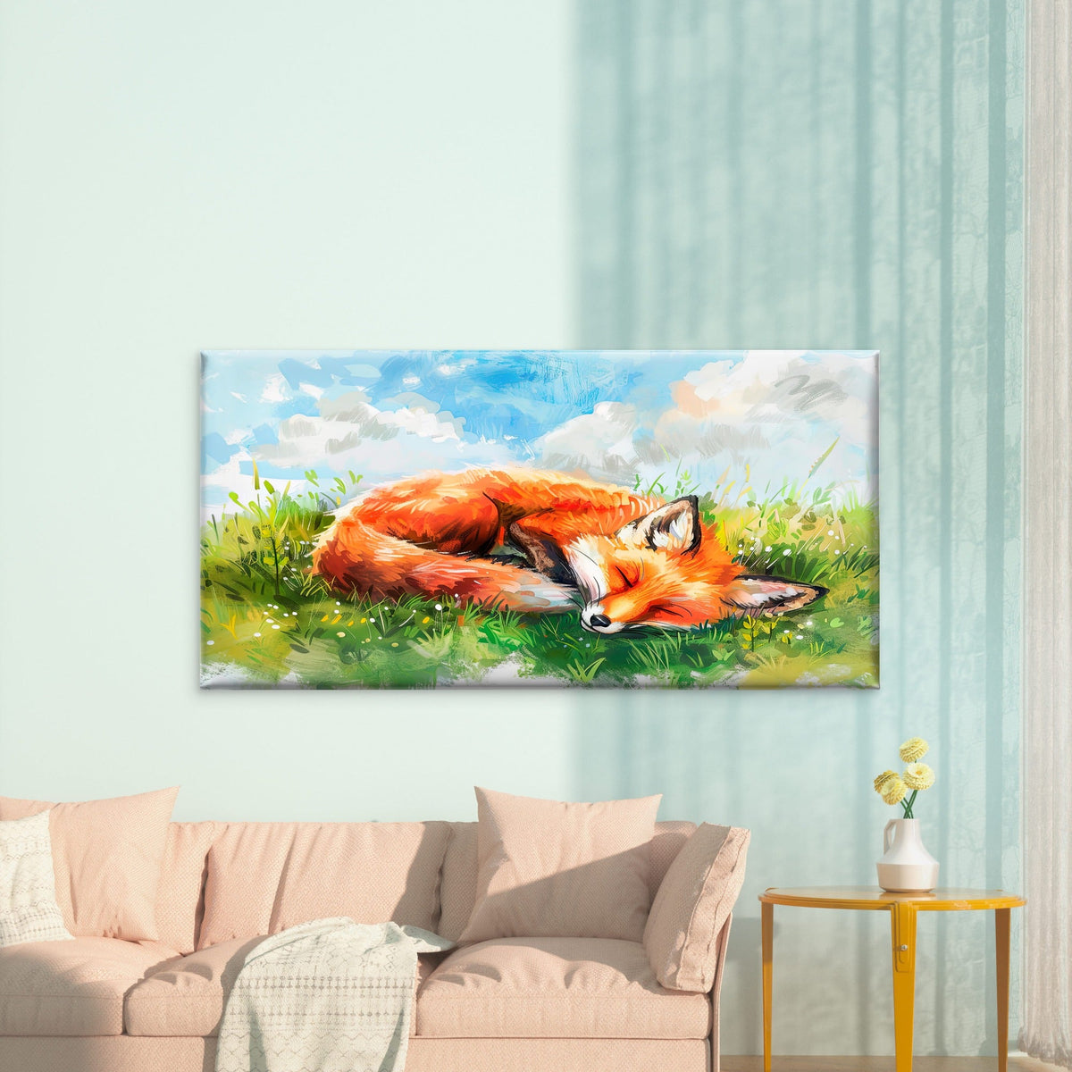 Sleeping Fox In Meadow Wall Art Canvas Office Home Room Framed 120x60cm