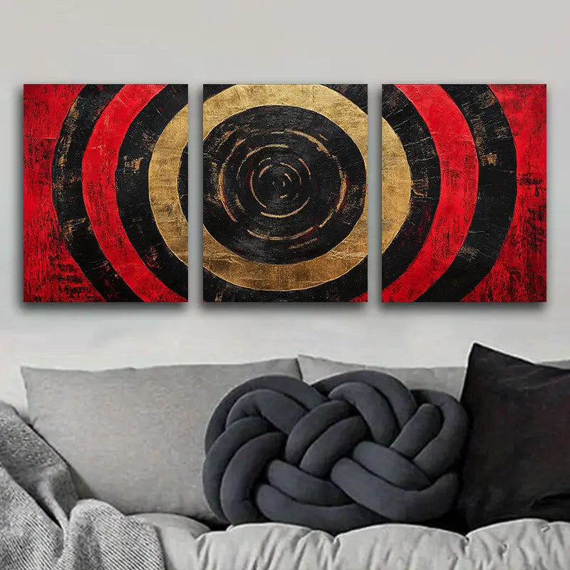 3pcs Luxurious Red Concentric Circles Metal Print Ready to Hang Art