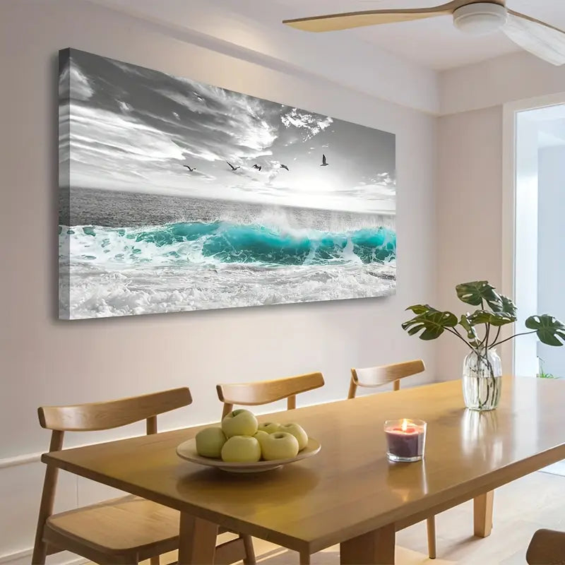 Ocean Teal Sea Wave Seagull Birds Wall Art canvas office home room framed 120x60cm