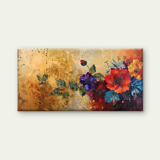 Red Floral Gold Painting Wall Art Canvas Office Home Room Framed 80x45cm