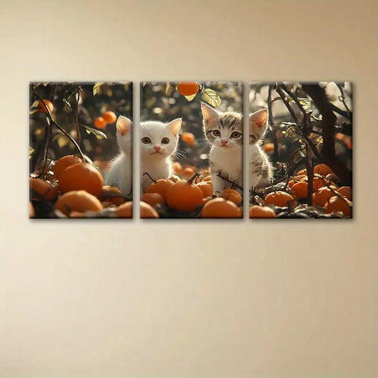 3pcs Playful Kittens on Orange Tree with Vibrant Fruits Metal Print Ready to Hang Art