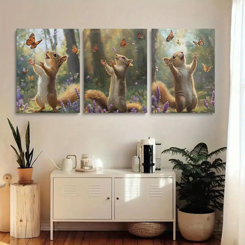 3pcs Vibrant Autumn Forest Scene with Butterflies Squirrel Metal Print Ready to Hang Art