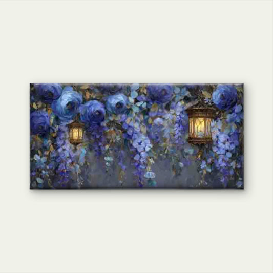 Wisteria & Blue Floral Lantern Wall Art Canvas Office Home Room Framed 80x45cm