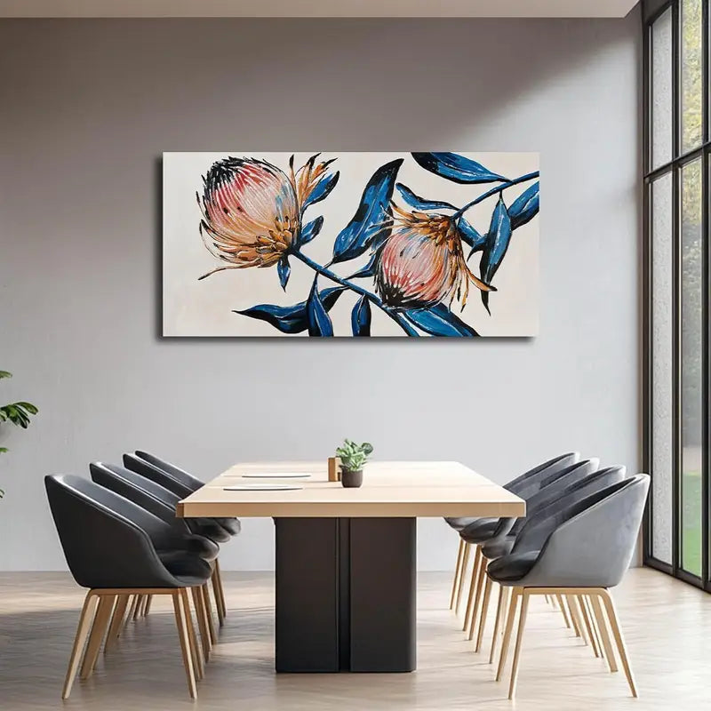 Blue Botanical Floral Modern Leaves Wall Art canvas office home room framed 120x60cm