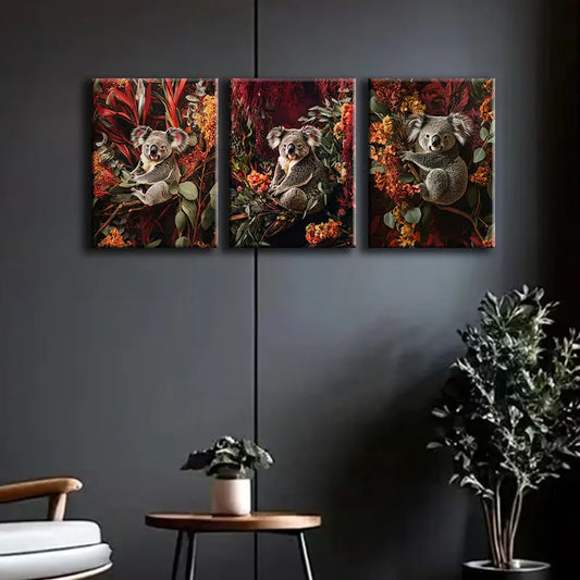 3pcs Adorable Koala Sitting on a Branch Metal Print Ready to Hang Art