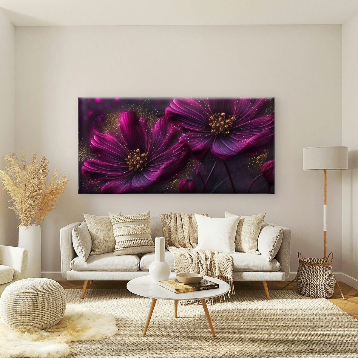 Purple & Golden Cosmos Flowers Wall Art Canvas Office Home Room Framed 80x45cm
