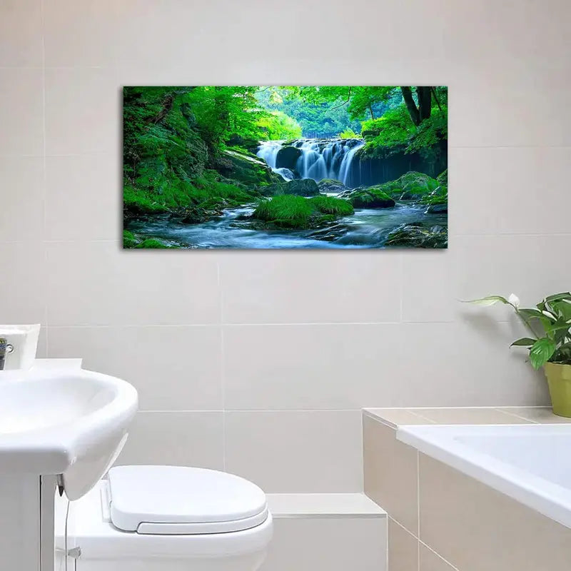 Green Forest Waterfall Nature Wall Art canvas office home room framed 120x60cm