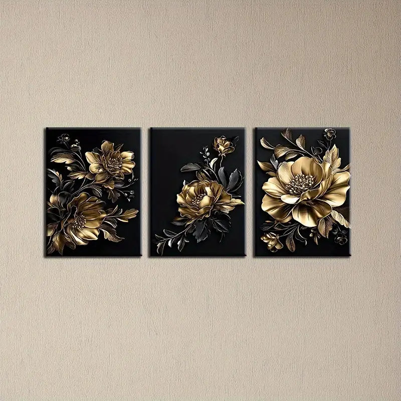 3pcs Elegant Black & Golden Big Floral Metal Print Ready to Hang Art