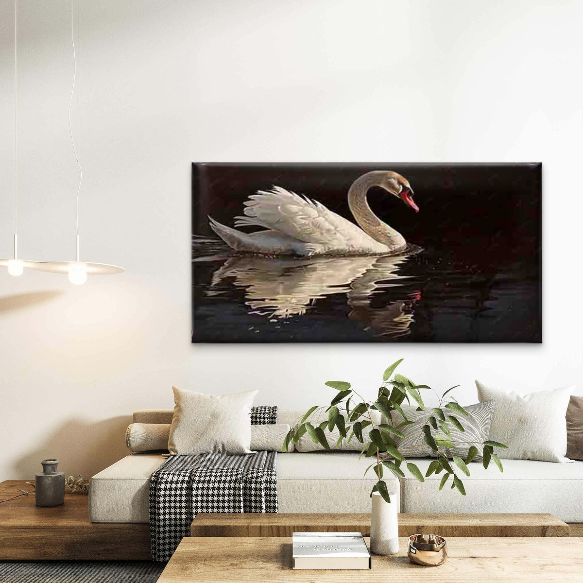 Featuring a White Swan Wall Art Canvas Office Home Room Framed 80x45cm