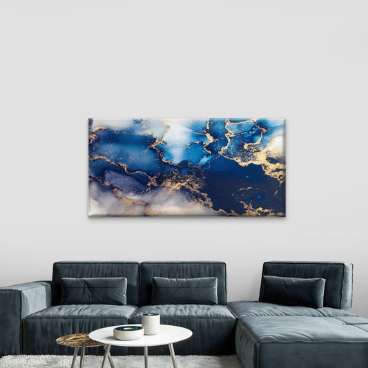 Modern Navy Gold Abstract Fluid Wall Art Canvas Office Home Room Framed 80x45cm