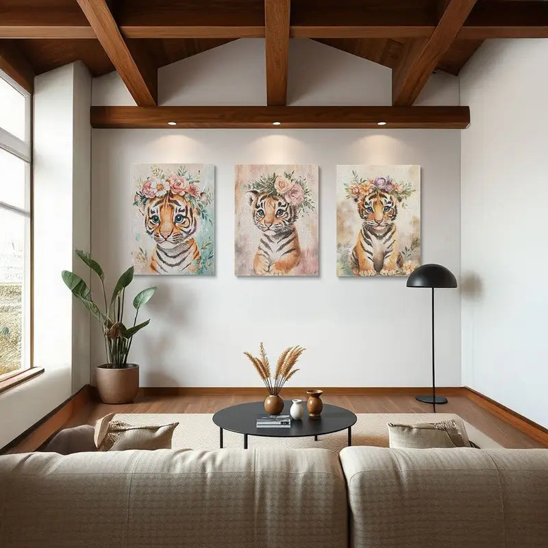 3pcs Watercolor Lion & Tiger Cubs in Floral Wreaths Metal Print Ready to Hang Art