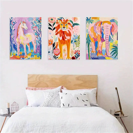 3pcs Colorful Animal Art, Horse, Lion and Elephant Metal Print Ready to Hang Art