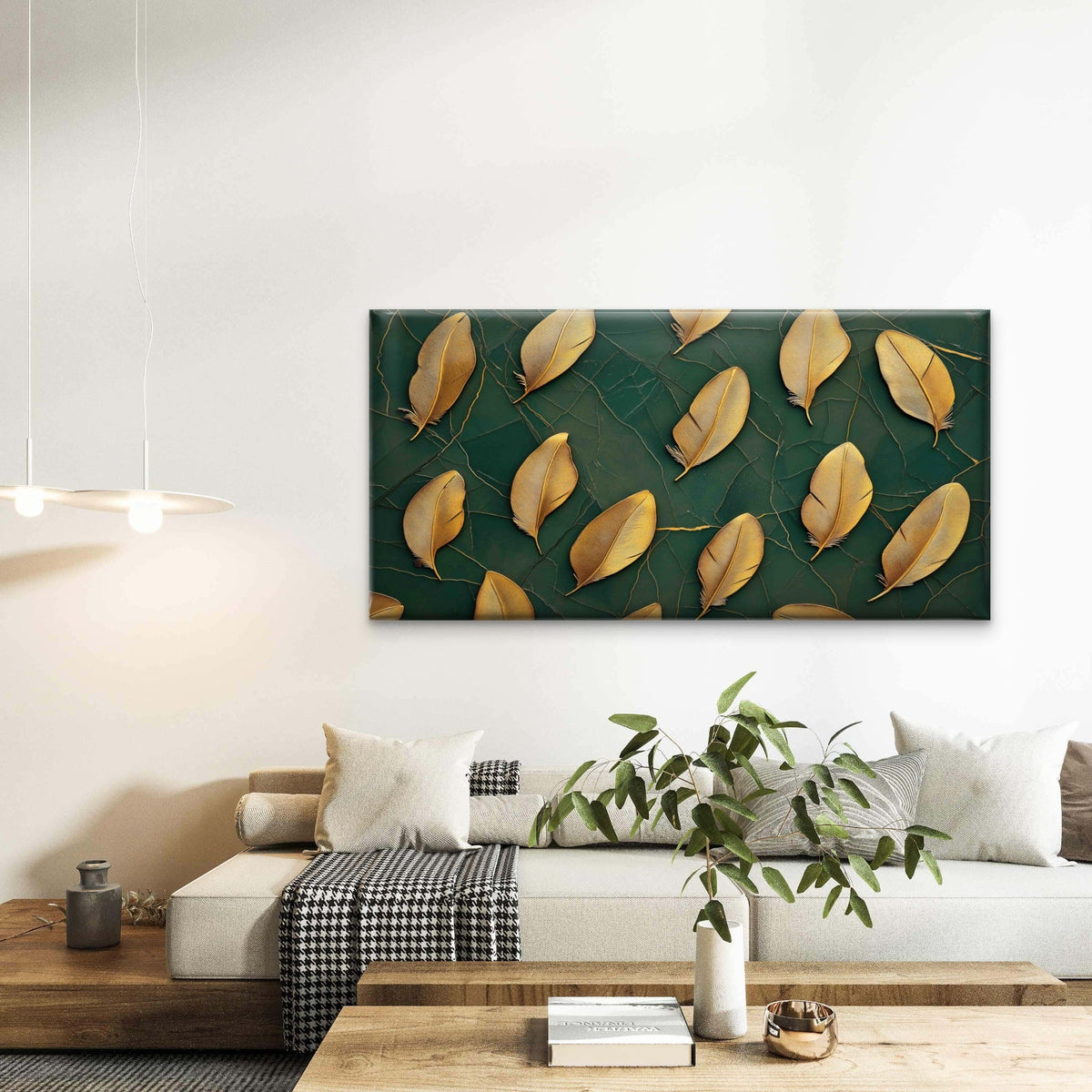 Golden Feathers Arranged Wall Art Canvas Office Home Room Framed 120x60cm