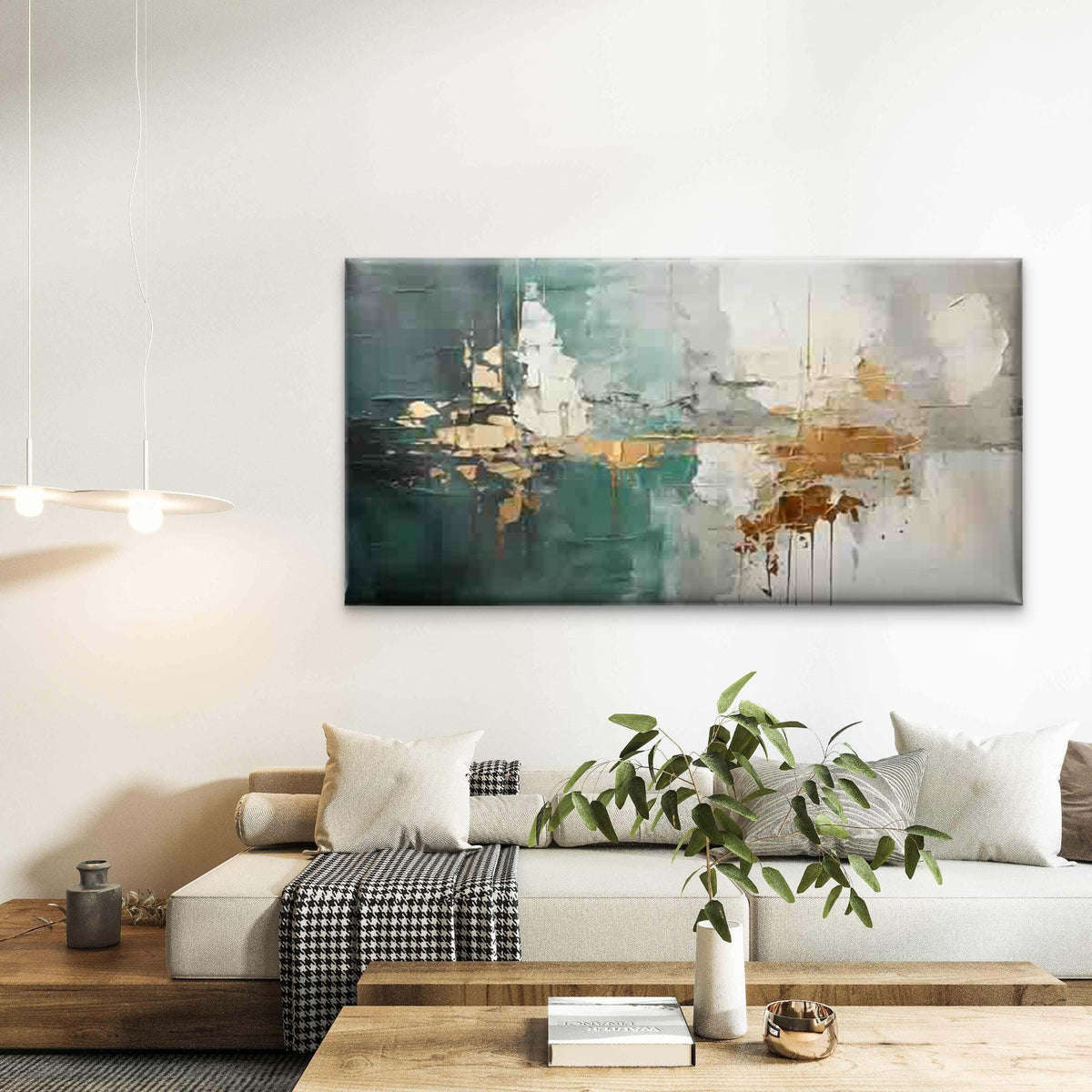 Teal, White & Golden Abstract Wall Art Canvas Office Home Room Framed 80x45cm