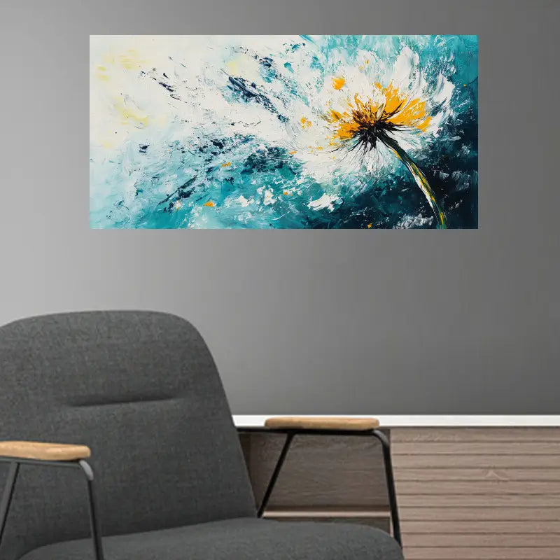 Giant Dandelion Teal Blue & Yellow Floral Design Wall Art wall canvas office home room framed 120x60cm