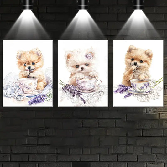 3pcs Charming Pomeranian Puppy in Teacup Metal Print Ready to Hang Art