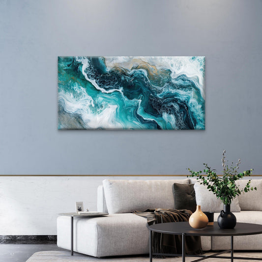 Ocean Wave Fluid Art Painting Wall Art Canvas Office Home Framed 80x45cm