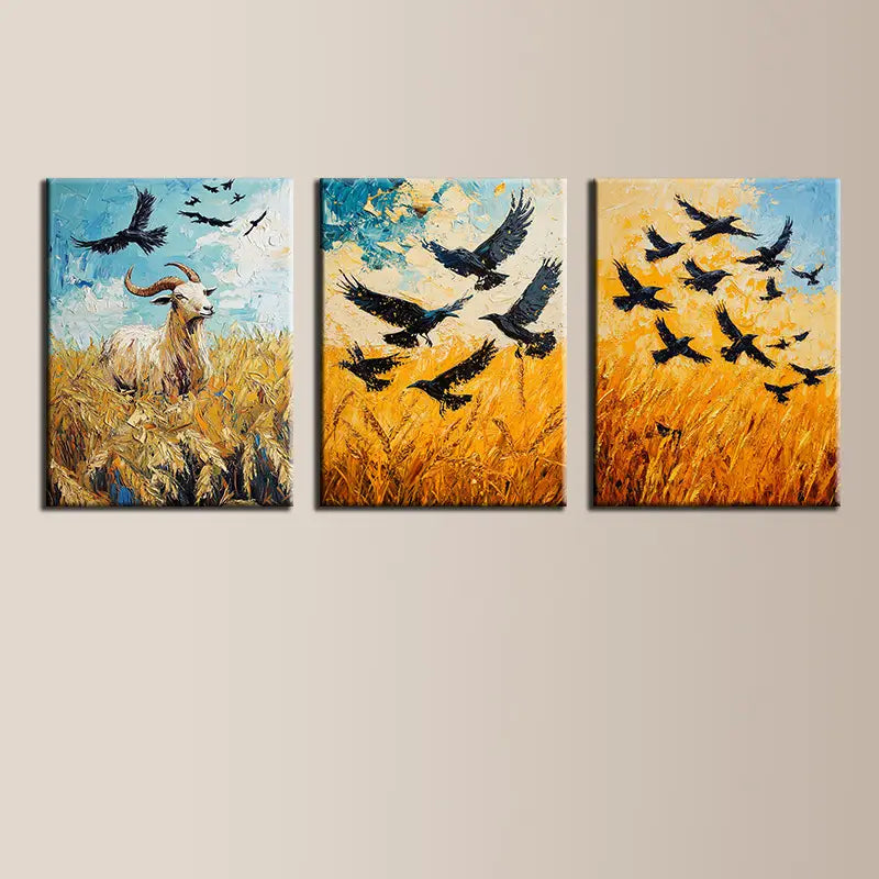 3pcs Contemporary Wheat & Animal Design Golden Metal Print Ready to Hang Art