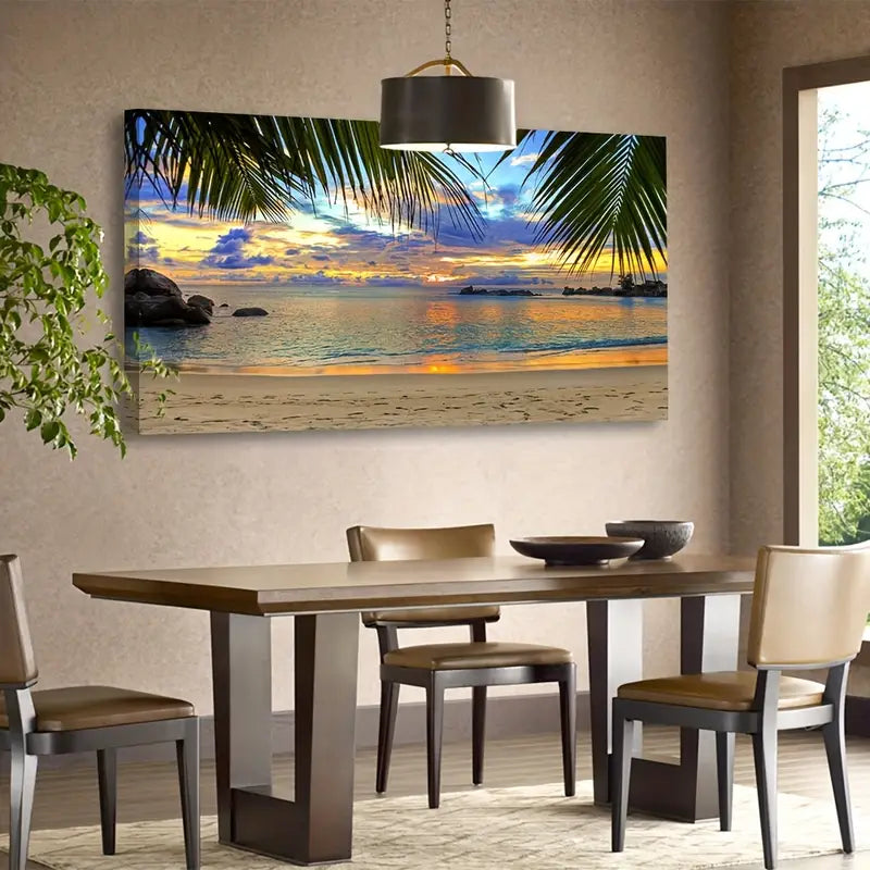 Beach Sunset Summer Ocean Palm Leaf Nature Wall Art canvas office home room framed 120x60cm