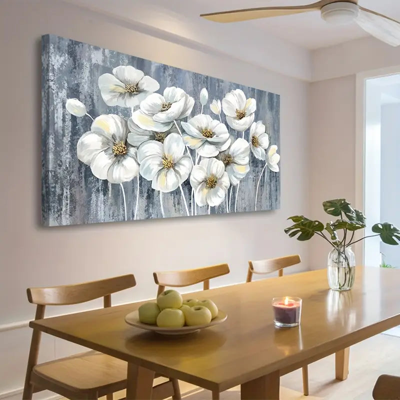 White and Yellow Flower Rustic Grey Blue Botanical Wall Art canvas office home room framed 120x60cm