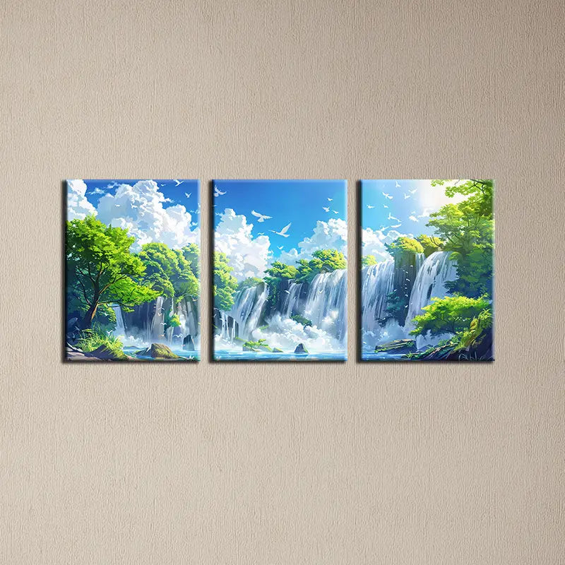 3pcs Elegant Pigeons and Waterfalls Painting Metal Print Ready to Hang Art