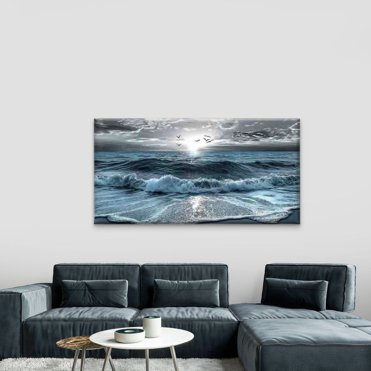 Modern Ocean Waves Wall Art Canvas Office Home Room Framed 80x45cm