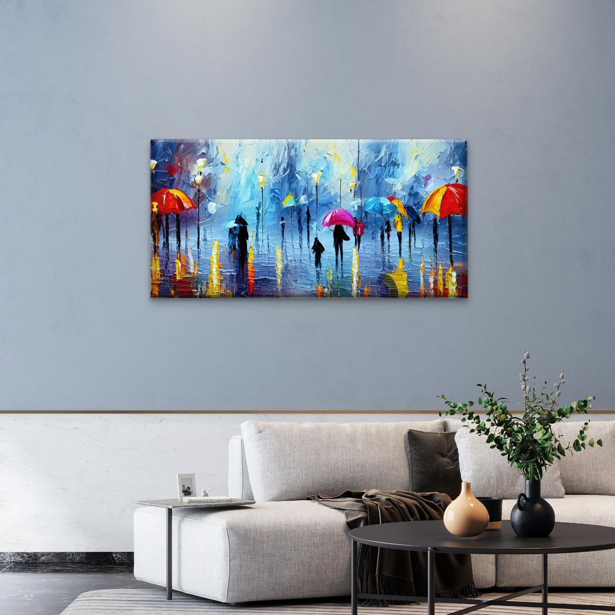 Rainy Street Colorful Umbrella Wall Art Canvas Office Home Room Framed 120x60cm