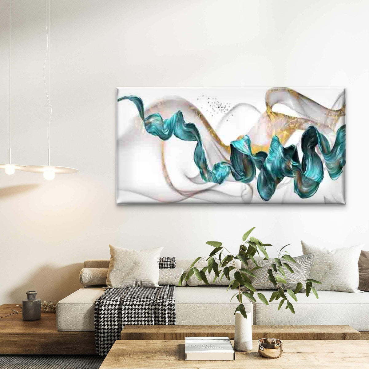 Fluid Shapes in Teal And Golden Wall Art Canvas Office Home Room Framed 120x60cm