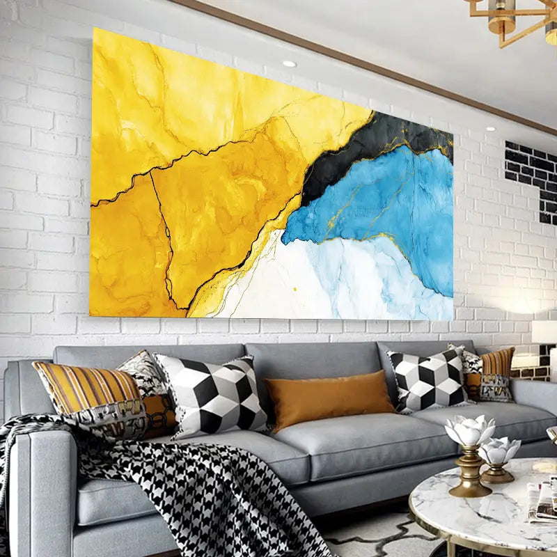 Vibrant Yellow & Blue Marble Design Wall Art wall canvas office home room framed 120x60cm