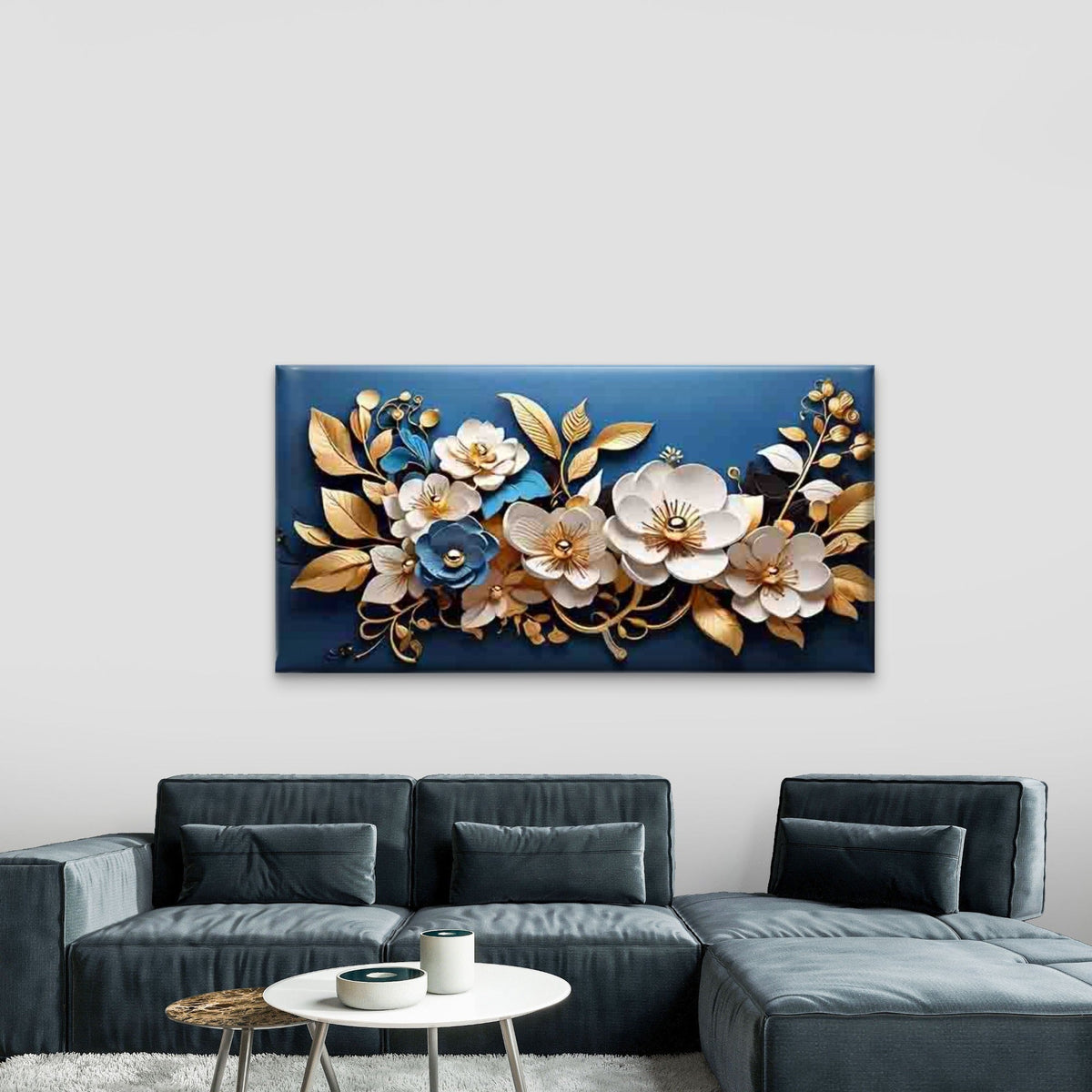 Golden Flowers on Blue Backgrou Wall Art Canvas Office Home Room Framed 120x60cm