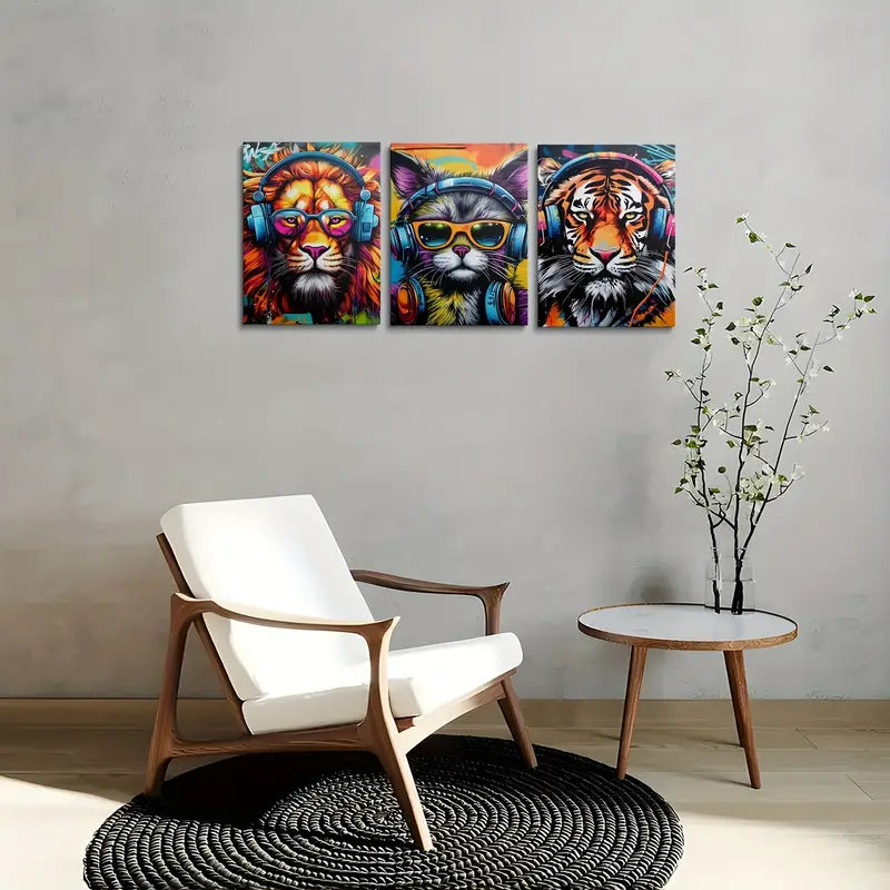 3pcs Vibrant Graffiti Animals with Headphones, Lions & Tigers Metal Print Ready to Hang Art