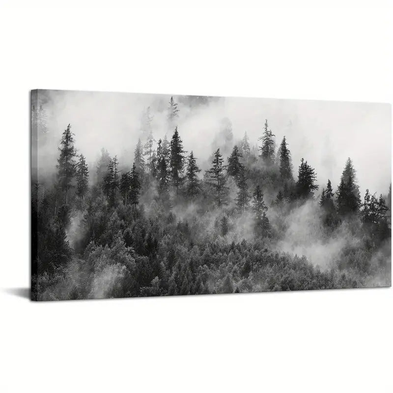 Foggy Mountain Black And White Nature Forest Wall Art canvas office home room framed 80x45cm