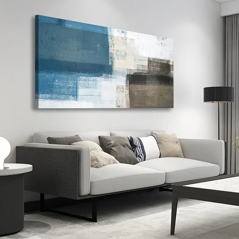 Abstract Blue White Brown & Beige Wall Art canvas office home room framed 120x60cm