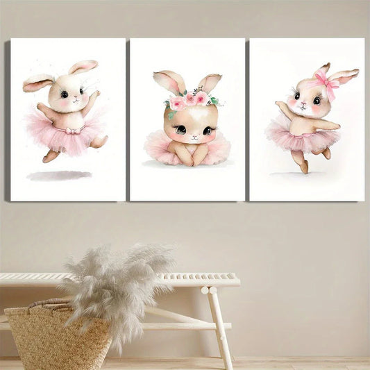 3pcs Cartoon Bunny Wearing Light Pink Tutu Ballet Dancing Metal Print Ready to Hang Art