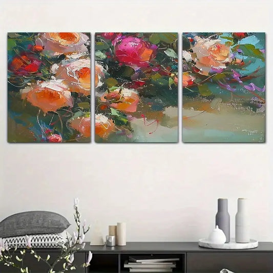 3pcs Vibrant Red, Orange & Blue Flowers with Green Leaves Metal Print Ready to Hang Art