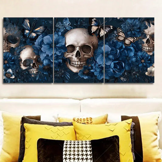 3pcs Skulls and Blue Flowers with Butterflies Metal Print Ready to Hang Art