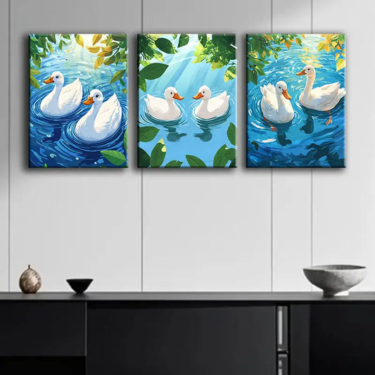 3pcs Swimming White Duck Metal Print Ready to Hang Art