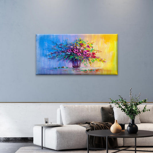 Modern Abstract Yellow Blue Floral Wall Art Canvas Office Home Framed 80x45cm