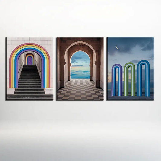 3pcs Whimsical Architectural Designs with Rainbow Metal Print Ready to Hang Art