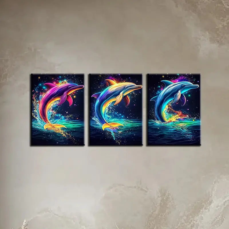 3pcs Vibrant Dolphin Colorful Classic Design Metal Print Ready to Hang Art