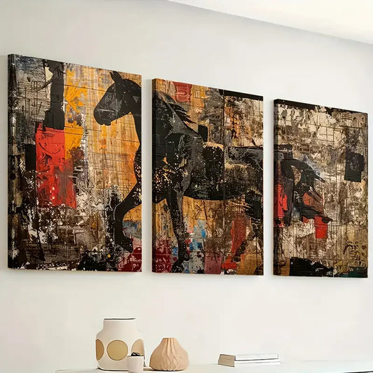 3pcs Vintage Wind Horse Animal Landscape Art Wall Art Set Canvas Framed 40x60cm - High Quality Print 100% Australian Made Wall Canvas Ready to Hang