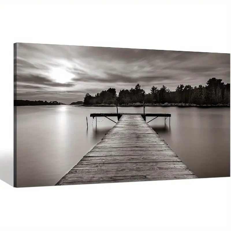 Modern Dock Scene Lake Trees Sun Wall Art canvas office home room framed 120x60cm