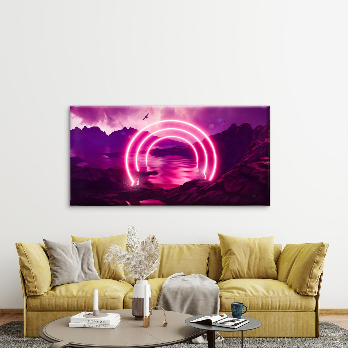Glowing Rings in Neon Sea Wall Art Canvas Office Home Room Framed 80x45cm