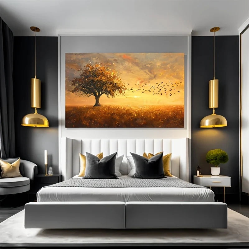 Golden Tree& Birds Artwork Wall Art wall canvas office home room framed 120x60cm